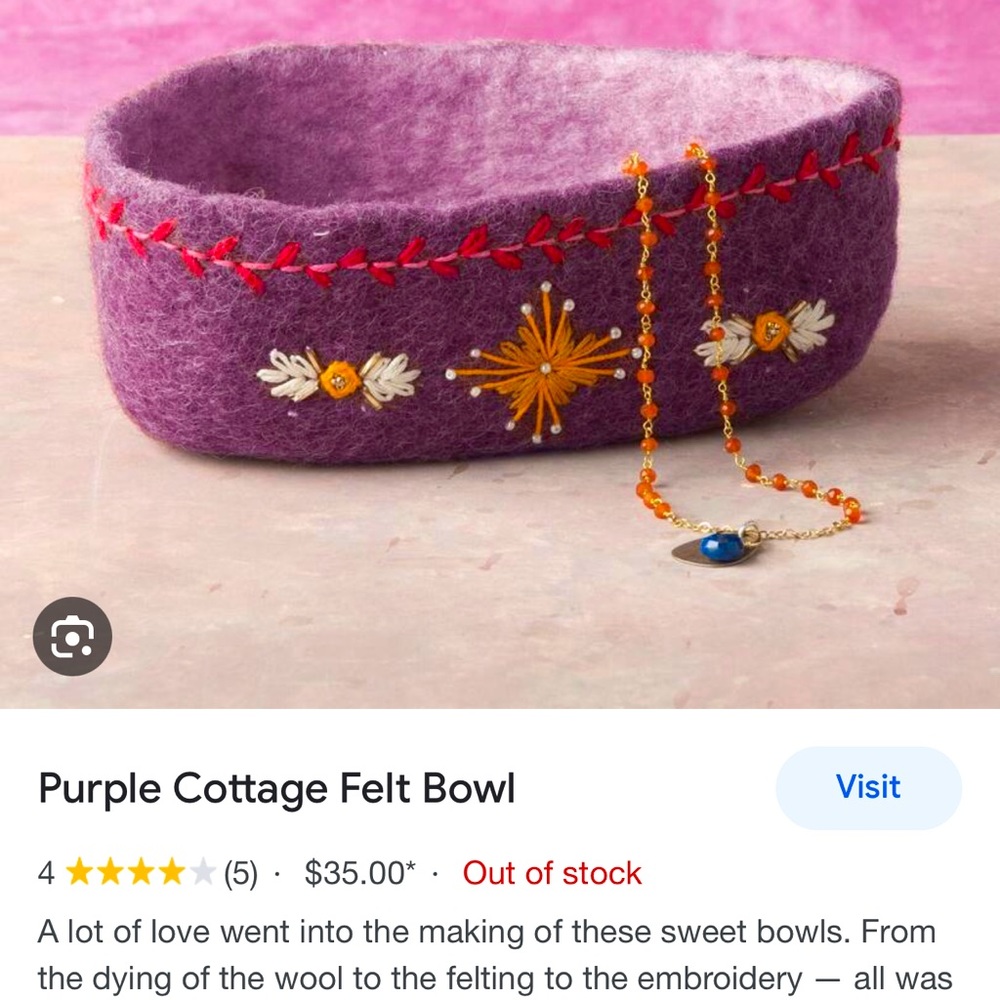 Hand made wool bowl with embroidery and crystals.  Made in Nepal